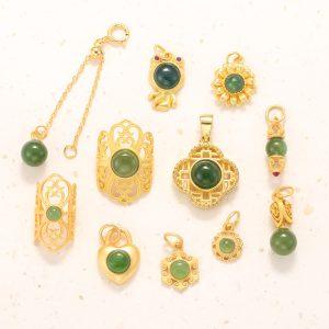 Natural Green Nephrite Flower Shape Accessories with Gold Plated S925 Silver Bezel Set