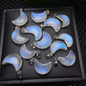 Natural Blue‑Sheen Moonstone Crescent Moon Pendant With S925 Sterling Silver Bezel Set