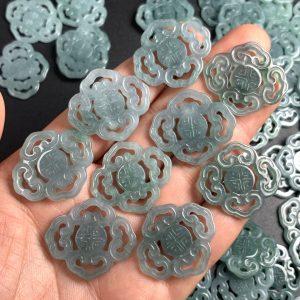 2-pieces Natural Type A Blue Water Jadeite Hollow-out Ruyi & Tuan Shou Pattern Bead