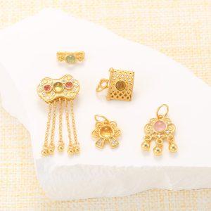 Natural Tourmaline Flower Charm Bead with Gold Plated S925 Silver Bezel Set