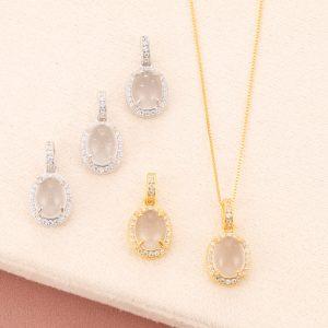 Natural Albite Jade Oval Pendant with Gold Plated S925 Sterling Silver Set