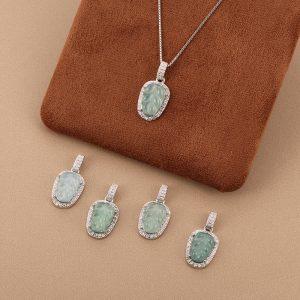 Natural Blue Water Jadeite Leaf Shape Pendant with S925 Sterling Silver Set