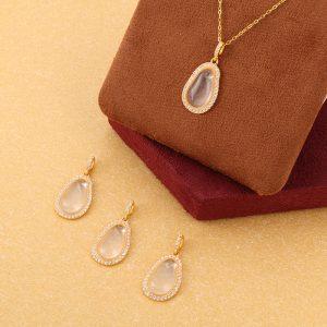 Natural Albite Jade Oval Ruyi Pendant with Gold Plated S925 Sterling Silver Set