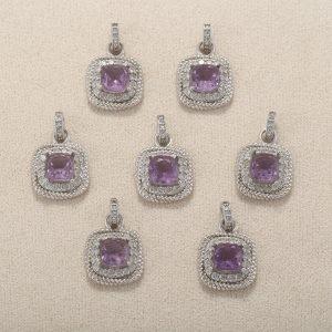 Natural Amethyst Square Pendant with S925 Sterling Silver Set
