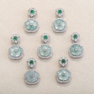 Natural Blue Water Jadeite Flower Shape Pendant with S925 Sterling Silver Set