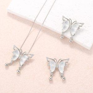 Natural Albite Jade Butterfly Pendant with S925 Sterling Silver Set