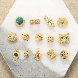 Natural Turquoise Malachite Flower Round Bead Charm with Gold Plated S925 Silver Bezel Set