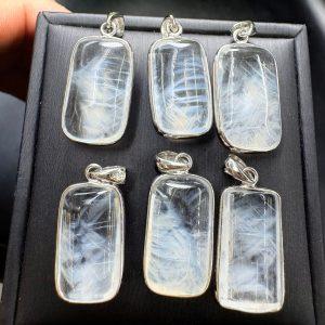 High Clarity Natural Blue Needle Quartz Rectangle Pendant with S925 Sterling Silver Set