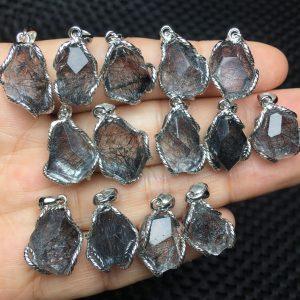 Natural Black Silver Rutilated Quartz Freeform Faceted Pendant with S925 Sterling Silver Set