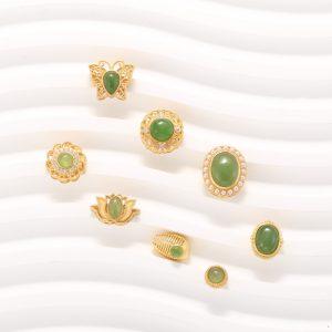 Natural Green Nephrite Flower Multi Shapes Bead with Gold Plated S925 Silver Bezel Set