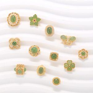 Natural Green Nephrite Flower Multi Shapes Bead with Gold Plated S925 Silver Bezel Set