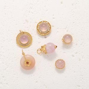Natural Pink Agate Flower And Round Shape Accessories with Gold Plated S925 Silver Bezel Set