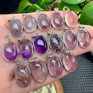 Natural Super Seven Quartz Oval Pendant with S925 Sterling Silver Set