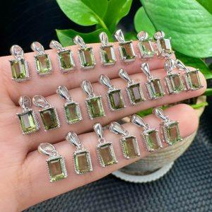 Natural Moldavite Faceted Rectangular Pendant with S925 Sterling Silver Set