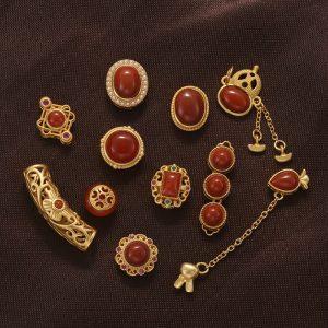 Natural Nanhong Red Agate Flower Multi Shapes Charm Bead with Gold Plated S925 Silver Bezel Set