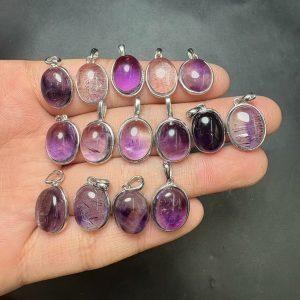 Natural Super Seven Quartz Oval Pendant with S925 Sterling Silver Set