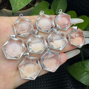 Natural Clear Quartz Hexagram Pendant with S925 Sterling Silver Setting