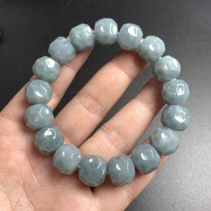 11 -12 mm Faceted Round Bead Type A Natural Icy Green Jadeite Beaded Bracelet