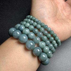 6 -13 mm Type A Natural Icy Blue Jadeite Round Beaded Bracelet