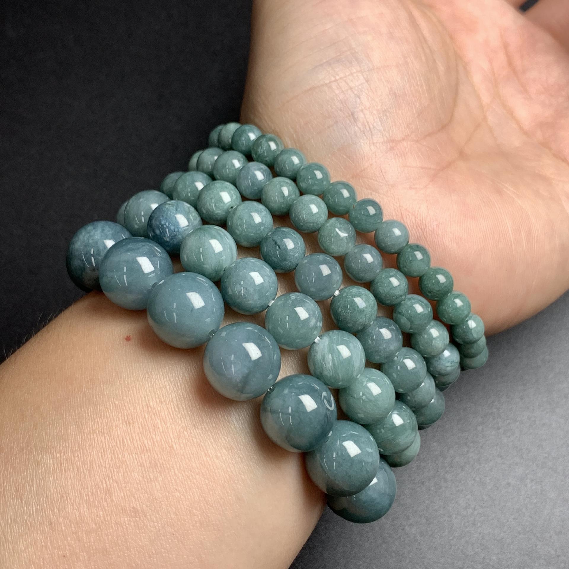 6 -13 mm Type A Natural Icy Blue Jadeite Round Beaded Bracelet